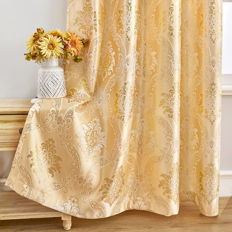 ELKCA Luxury Golden Jacquard Curtains Set for Bedroom European Style Window Curtain for Living Room,Grommet Top,2 Panels(Damask-Golden, 52" W x 108" L) - Image 4